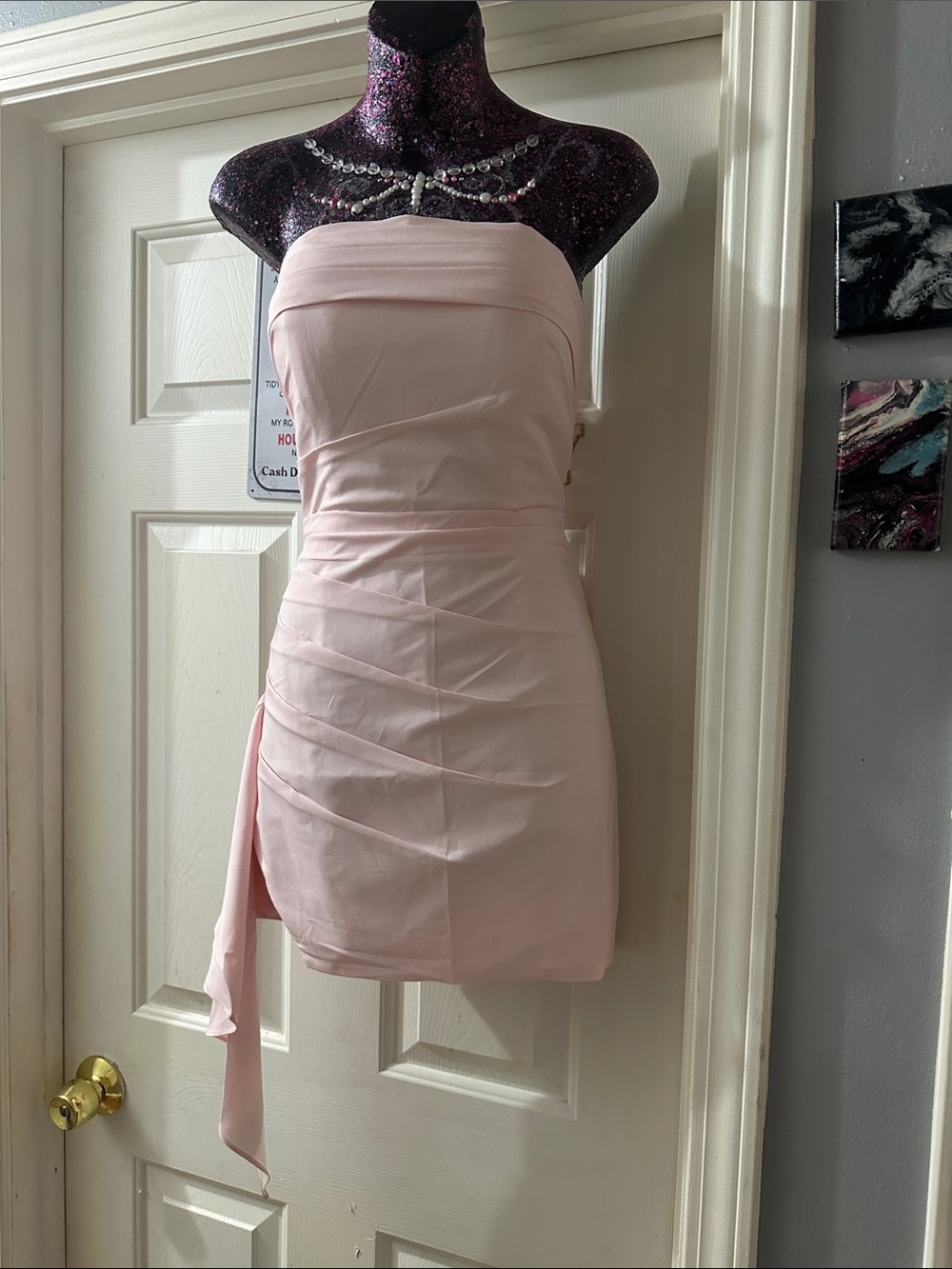 Strapless Blush Pink Ruched Mini Dress with Side Sash